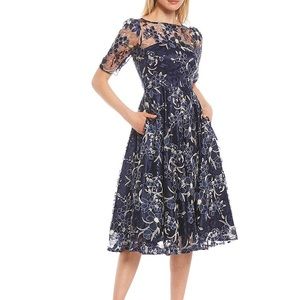 Eliza J Illusion Boat Neck Short Sleeve Sequin Embroidered Floral Lace A-Line